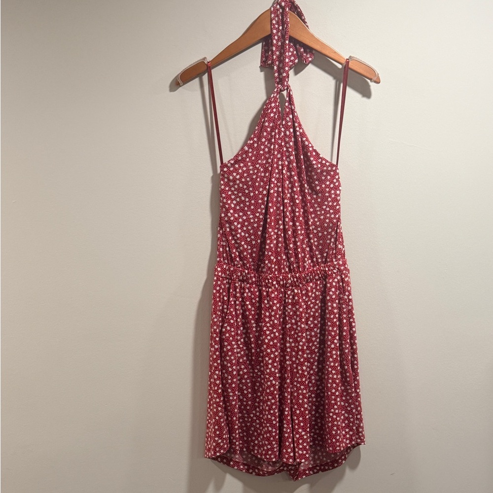 Banana Republic Women's Red and White Patterned Halter Romper Size S Tall